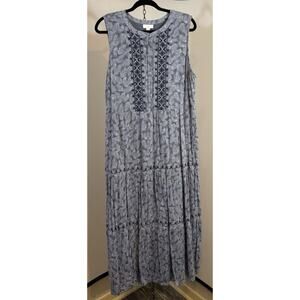 J. Jill Sleeveless Embroidered Blue Tiered Maxi Dress Palm Sz L Boho Cotton